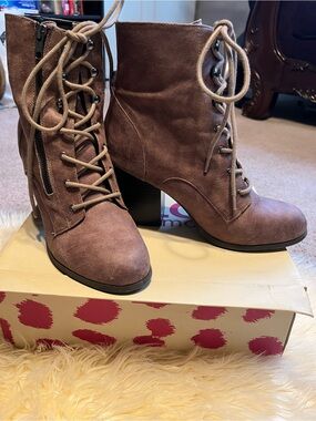 Lace-Up Suede-Look Ankle Boots in Taupe